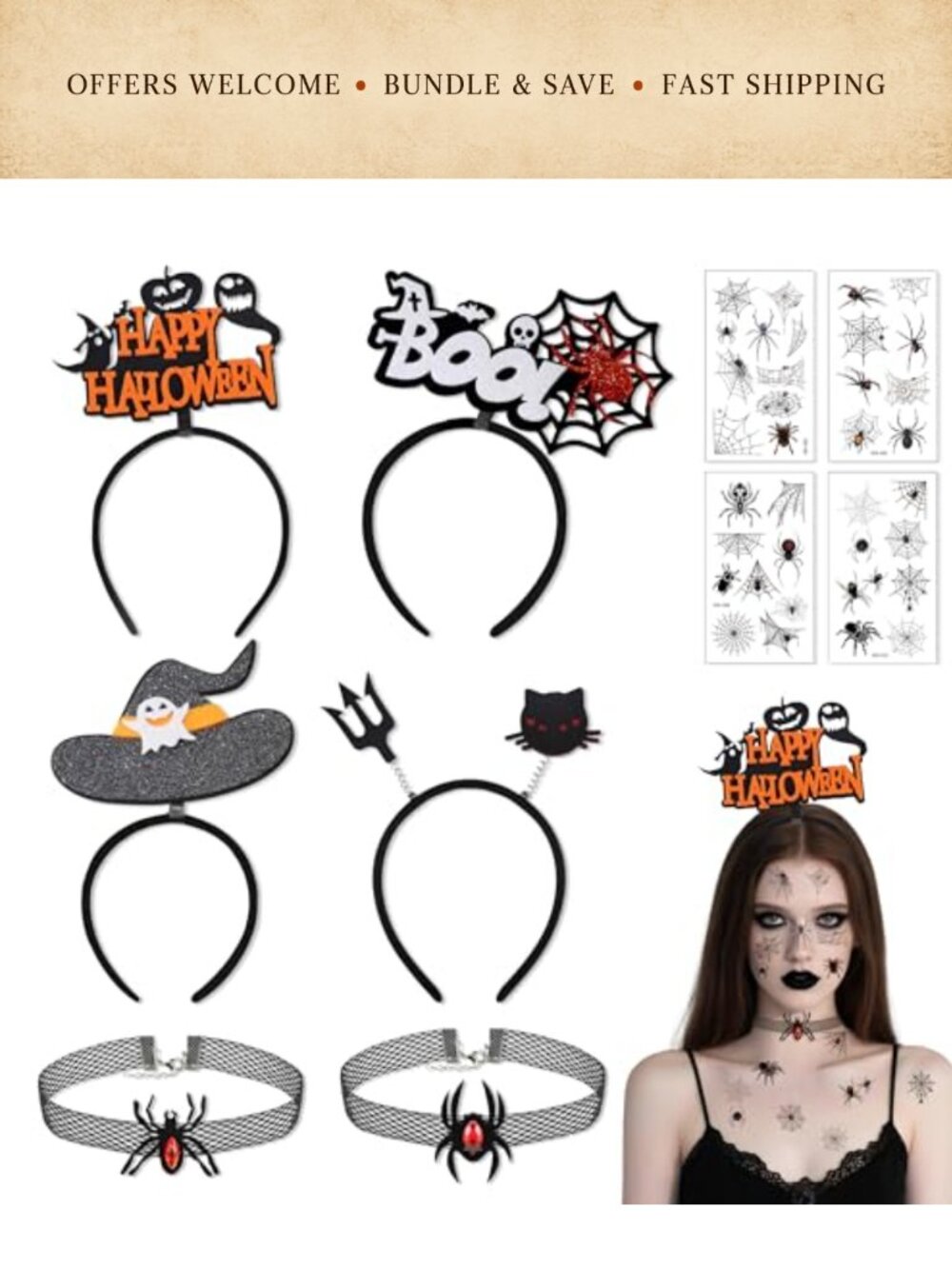 4 Pack Halloween Headband Set with Necklace Tattoos Cosplay Party